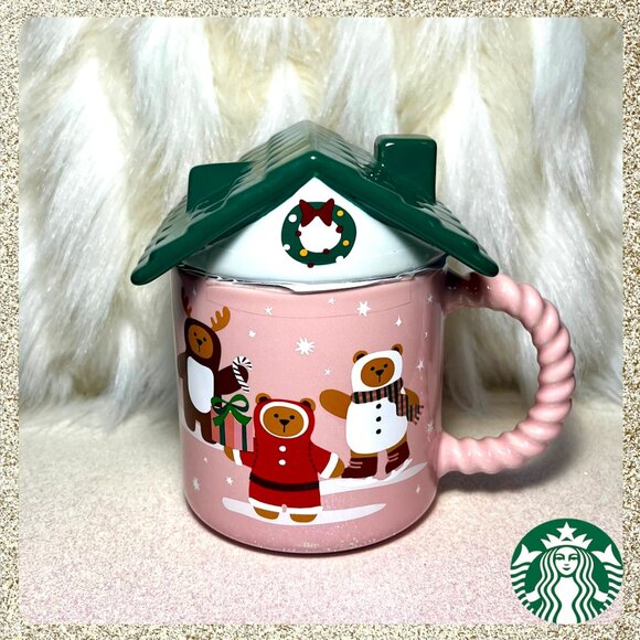 Starbucks Other - 🎄🐻 NWT 2025 Starbucks Holiday Pink Gingerbread 14oz Ceramic Mug w/ Lid